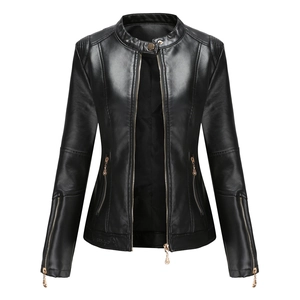 Women's slim fit navy blue PU leather jacket with stand collar and zipper details