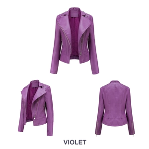Detailed three-way view of a violet faux leather biker jacket with silver stud accents