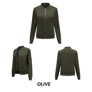 Three-way views of an olive green women's bomber jacket with ribbed trim and zip front