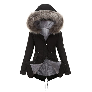 Detail of black parka with fluffy faux fur hood and warm grey fleece lining