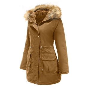Detail of winter parka with faux fur hood, plush lining, and adjustable waist drawstrings