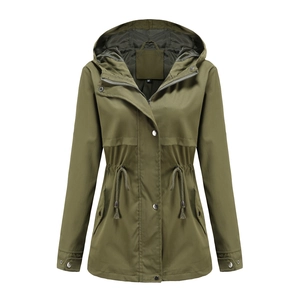 Women's olive green hooded raincoat with adjustable drawstring waist and zipper closure