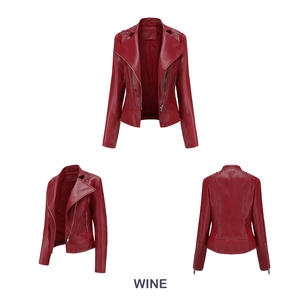 Three-view display of wine red leather biker jacket with rivets and zipper pockets