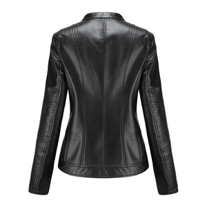 Rear view of slim fit faux leather jacket with vertical stitching and pleated shoulders