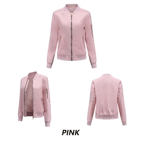 Three-view layout of pink bomber jacket with metal zipper and quilted sleeve pocket
