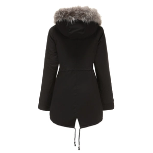 Detailed back view of women's black parka with fluffy faux fur hood and split drawstring hem