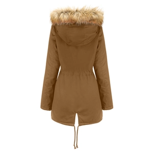 Back view of a brown parka featuring a faux fur hood, waist drawstring and fishtail hem