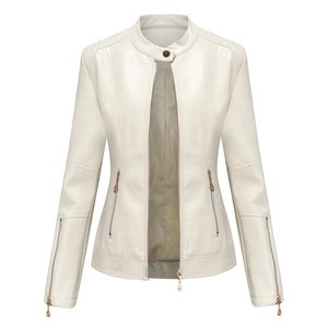 Detailed close-up of ivory PU leather jacket with metal zippers and stand collar