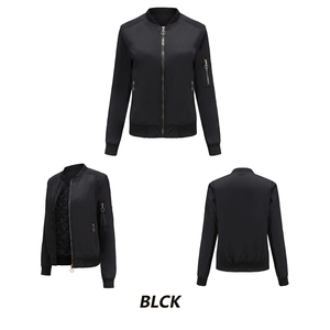 Three-way view of women's black bomber jacket with tactical sleeve pocket and metal zipper
