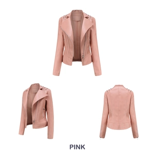 Detailed views of a pink faux leather moto jacket with silver rivets and zippers
