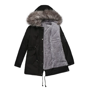 Detail view of black parka with gray faux fur lining and drawstring waist adjustment