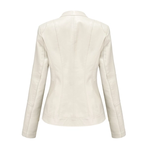 Detailed back view of cream faux leather jacket with slim fit seams and quilted shoulders