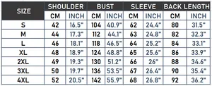 Detailed size guide table for women hooded parka with measurements from S to 4XL