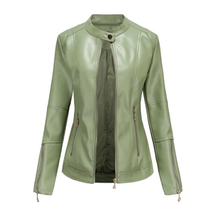 Detail of sage green women's biker jacket showing stand collar with golden button