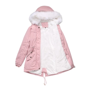 Parka rose pour femme avec bordure en fausse fourrure blanche et doublure polaire chaude