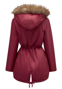 Back view of burgundy hooded parka with faux fur trim and adjustable drawstring waist