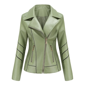Detail of light green faux leather jacket featuring lapels and asymmetric zippers