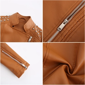 Detailed views of brown leather jacket with silver studs, metal zipper, and pebble texture
