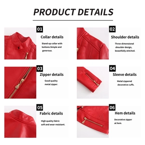 Detailed close-up of red PU leather jacket featuring stand collar and metal zippers
