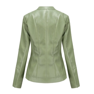 Slim fit faux leather jacket in light green showing back stitching and texture detail