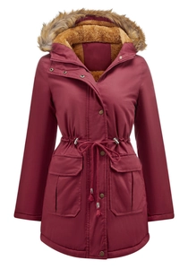 Detail of burgundy winter parka with thick brown faux fur lining and drawstring waist