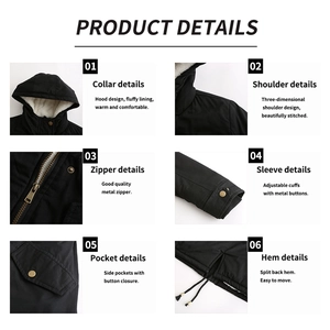 Detail view of black parka with white fleece lining and high-quality metal hardware