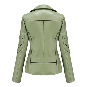 Back view of slim fit olive green faux leather jacket with stylish black contrast stitching