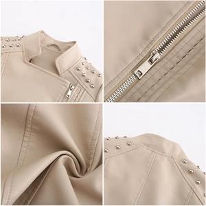 Detailed views of beige faux leather jacket with studs, metal zippers and premium texture