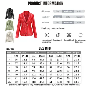Size chart for women PU leather jacket showing dimensions in CM and INCH from S to 4XL