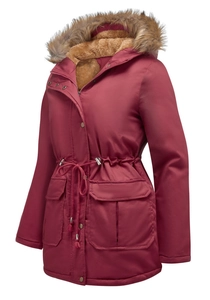 Detail of burgundy winter parka featuring a faux fur trim hood and plush lining