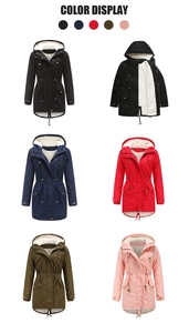 Detailed color display of women's hooded parka coats with plush lining and drawstring waist