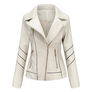Detail of off-white faux leather jacket featuring asymmetric zipper and black contrast trim