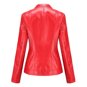 Back view of slim fit red leather jacket with decorative stitching and quilted shoulders