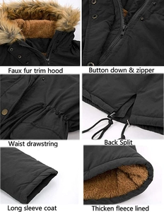 Detail view of winter hooded parka features: faux fur trim, drawstring waist, and fleece lining