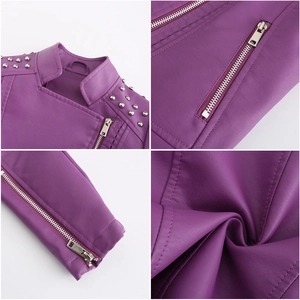 Detail view of purple PU leather biker jacket with silver rivets and metal zippers