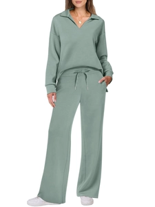 Women's 2-piece lounge set in sage green with V-neck sweatshirt and wide-leg pants