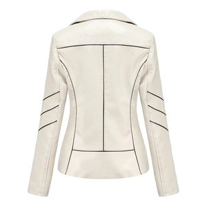Back view of women's slim off-white PU leather jacket with black contrast stripe detailing
