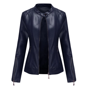 Women's slim fit navy blue PU leather jacket with stand collar and quilted shoulders
