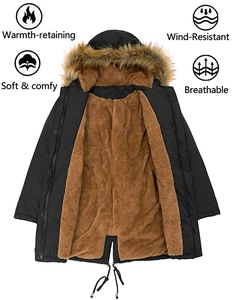 Detail of hooded winter parka showing brown faux fur collar and warm fleece lining