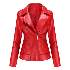 Front detail of red slim fit faux leather jacket with black stripes and zipper accents