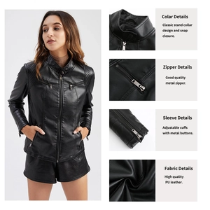 Détails de la veste en similicuir noir avec col montant et fermeture éclair en métal