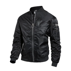 Classic black MA-1 bomber jacket with metallic zipper and utility sleeve pocket