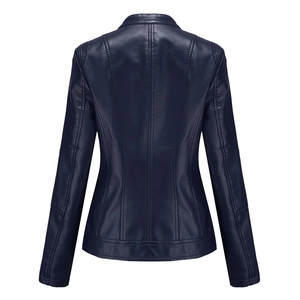 Rear view detail of a slim-fit navy blue faux leather jacket with waist stitching