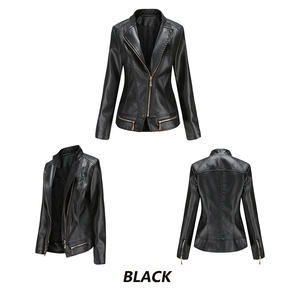 Detail view of black PU leather jacket featuring asymmetrical zipper and metallic pockets