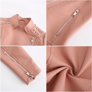 Detail of pink faux leather biker jacket with silver rivets and zippers