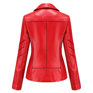 Back view of slim fit red PU leather motorcycle jacket showing black stitching details