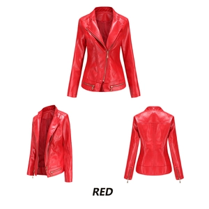 Detailed three-way view of red PU leather moto jacket with zipper accents and lapels