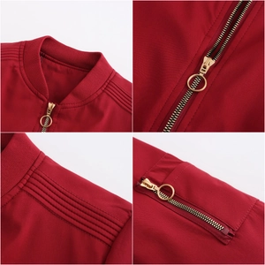 Detailed views of dark red jacket showing ribbed collar, gold zipper, and quilted sleeves