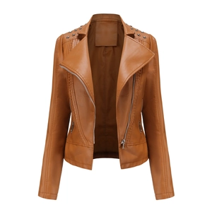 Slim fit women's brown motorcycle faux leather jacket with lapels and rivet details