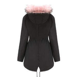 Rear view of black women's parka with pink faux fur hood and adjustable drawstring hem